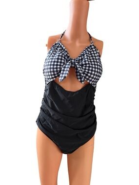 Gingham Tie-Front One-Piece Swimsuit in Black and White